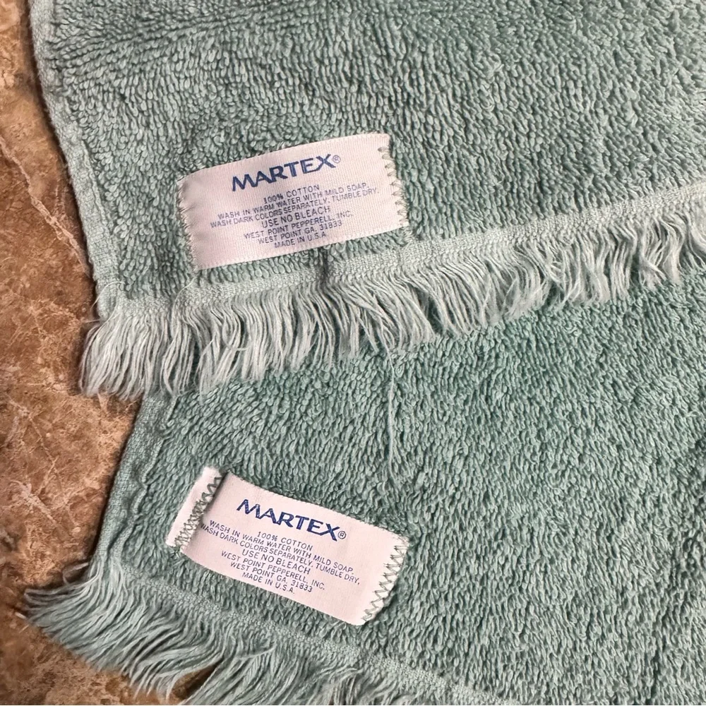 Vintage Martex Bathroom Hand Towel Turquoise Mint Green Lace Fringe Edges USA